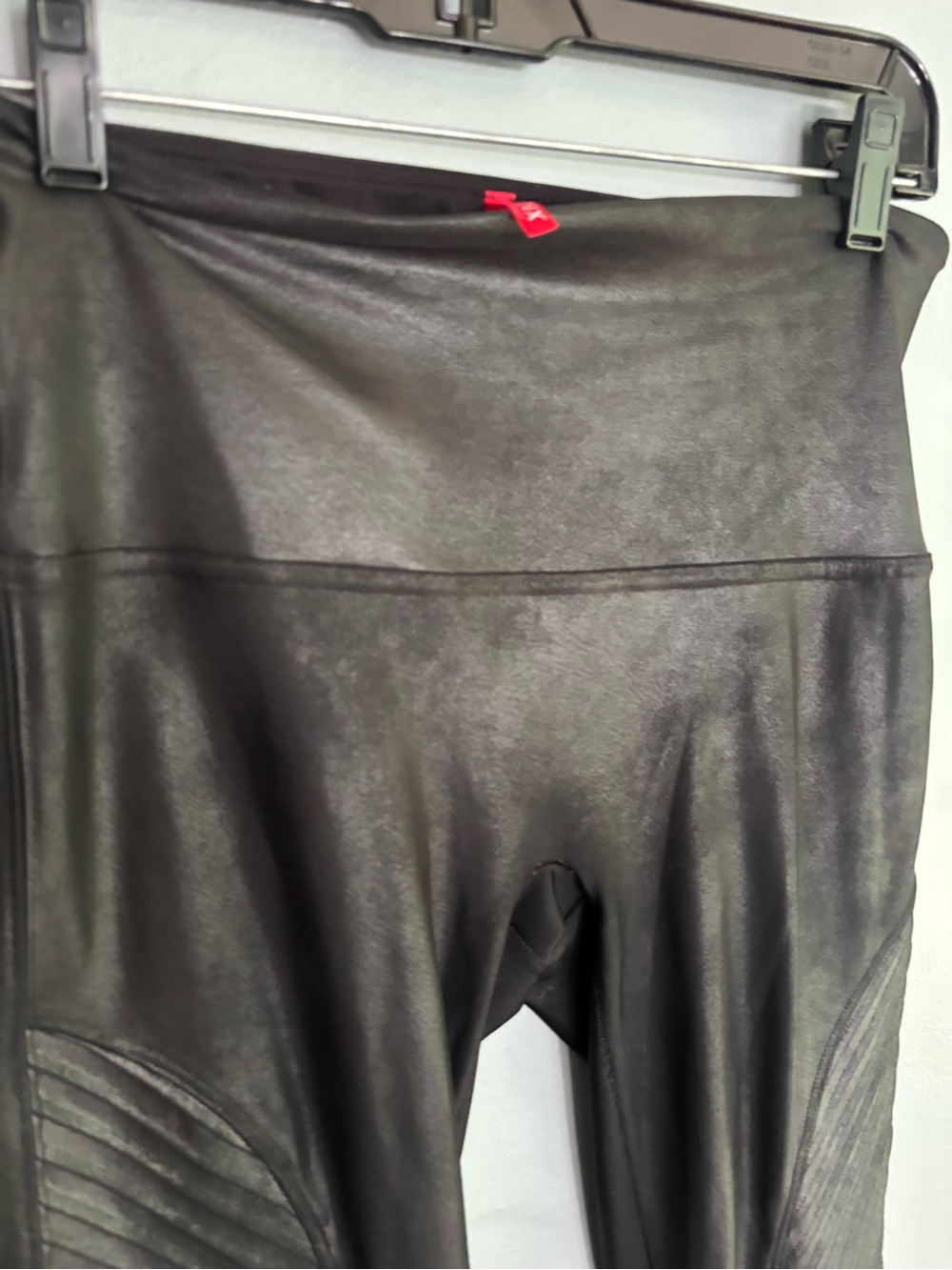 SPANX Black Faux Leather Leggings with Red Tag